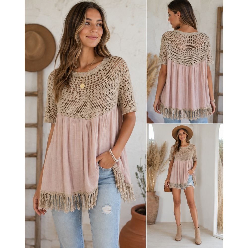 San Joy Boho Crochet Mesh Top Pink Tan Fringe Hem Short Sleeve Babydoll Blouse S